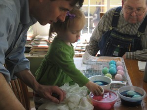 Daddy and Big Daddy "help" Lydia with the egg dying. Note the careful attention and large wad of paper towels Daddy and Big Daddy "help" Lydia with the egg dying. Note the careful attention and large wad of paper towels