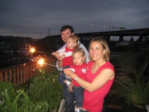 Sparklers on the deck overlooking Lake Union
