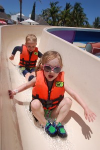 Alden and Lydia on the water-slide